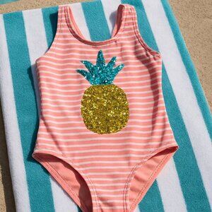 Sweet Pineapple One Piece Swimsuit Flip Sequins Stripes Pink White Size 12